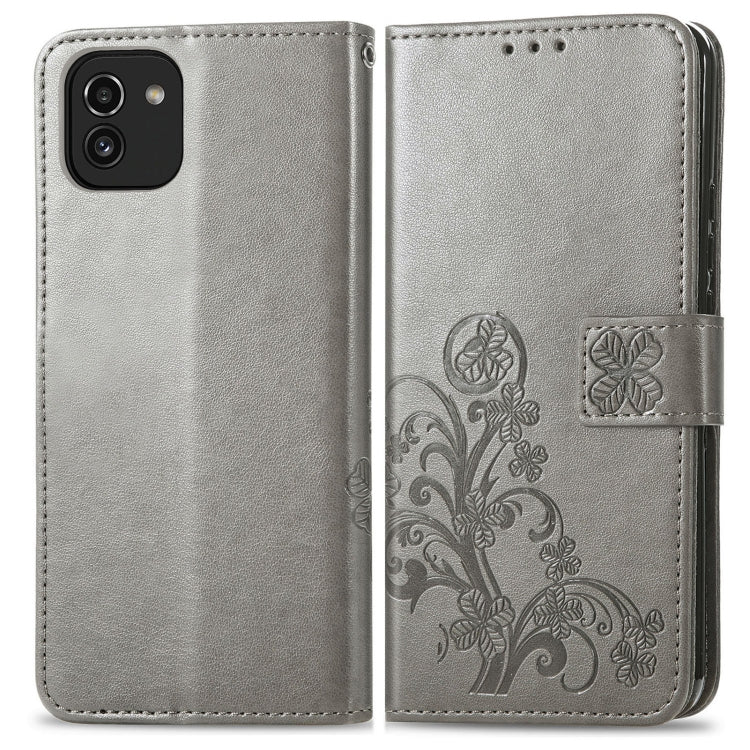 For Samsung Galaxy A03 Four-leaf Clasp Embossed Leather Phone Case(Grey)