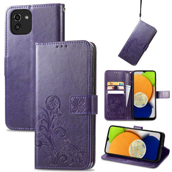 For Samsung Galaxy A03 Four-leaf Clasp Embossed Leather Phone Case(Purple)