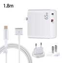 PD-65W USB-C / Type-C + QC3. 0 USB Laptop Charging Adapter + 1.8m USB-C / Type-C to MagSafe 2 / T Head Data Cable, EU Plug / US Plug(White)
