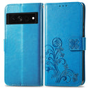 For Google Pixel 7 Pro 5G Four-leaf Clasp Embossed Buckle Leather Phone Case(Blue)
