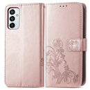 For Samsung Galaxy M23 Four-leaf Clasp Embossed Buckle Leather Phone Case(Rose Gold)