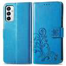 For Samsung Galaxy M23 Four-leaf Clasp Embossed Buckle Leather Phone Case(Blue)
