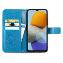 For Samsung Galaxy M23 Four-leaf Clasp Embossed Buckle Leather Phone Case(Blue)