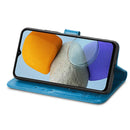 For Samsung Galaxy M23 Four-leaf Clasp Embossed Buckle Leather Phone Case(Blue)