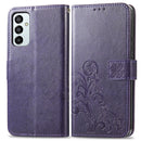 For Samsung Galaxy M23 Four-leaf Clasp Embossed Buckle Leather Phone Case(Purple)