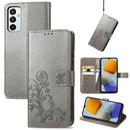 For Samsung Galaxy M23 Four-leaf Clasp Embossed Buckle Leather Phone Case(Grey)