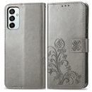 For Samsung Galaxy M23 Four-leaf Clasp Embossed Buckle Leather Phone Case(Grey)