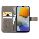 For Samsung Galaxy M23 Four-leaf Clasp Embossed Buckle Leather Phone Case(Grey)