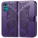 For Motorola Moto G22 Butterfly Love Flower Embossed Leather Phone Case(Dark Purple)