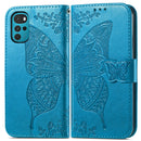 For Motorola Moto G22 Butterfly Love Flower Embossed Leather Phone Case(Blue)
