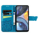 For Motorola Moto G22 Butterfly Love Flower Embossed Leather Phone Case(Blue)
