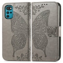 For Motorola Moto G22 Butterfly Love Flower Embossed Leather Phone Case(Grey)