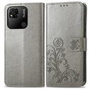 For Xiaomi Redmi 10A Four-leaf Clasp Embossed Buckle Leather Phone Case(Grey)