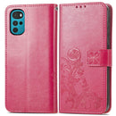 For Motorola Moto G22 Four-leaf Clasp Embossed Buckle Leather Phone Case(Rose Red)