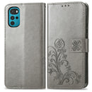For Motorola Moto G22 Four-leaf Clasp Embossed Buckle Leather Phone Case(Grey)