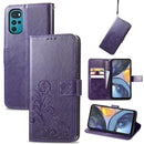 For Motorola Moto G22 Four-leaf Clasp Embossed Buckle Leather Phone Case(Purple)
