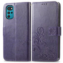 For Motorola Moto G22 Four-leaf Clasp Embossed Buckle Leather Phone Case(Purple)
