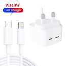 SDC-40W Dual PD USB-C / Type-C Ports Charger with 2m Type-C to 8 Pin Data Cable, UK Plug