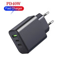 40W Dual PD + QC3.0 Ports Travel Charger with Type-C to Type-C Data Cable(EU Plug)