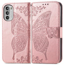 For Motorola Moto G52 Butterfly Love Flower Embossed Flip Leather Phone Case(Rose Gold)