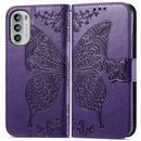 For Motorola Moto G52 Butterfly Love Flower Embossed Flip Leather Phone Case(Dark Purple)