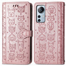 For Xiaomi 12 Lite Cute Cat and Dog Embossed Leather Phone Case(Rose Gold)