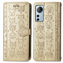 For Xiaomi 12 Lite Cute Cat and Dog Embossed Leather Phone Case(Gold)