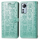 For Xiaomi 12 Lite Cute Cat and Dog Embossed Leather Phone Case(Green)