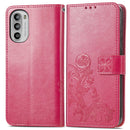 For Motorola Moto G52 Four-leaf Clasp Embossed Buckle Leather Phone Case(Rose Red)