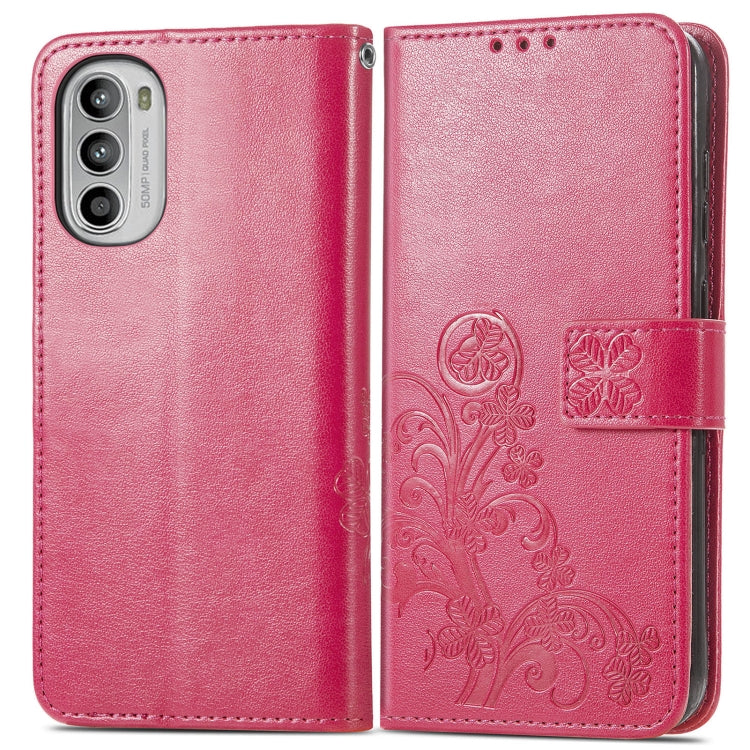 For Motorola Moto G52 Four-leaf Clasp Embossed Buckle Leather Phone Case(Rose Red)