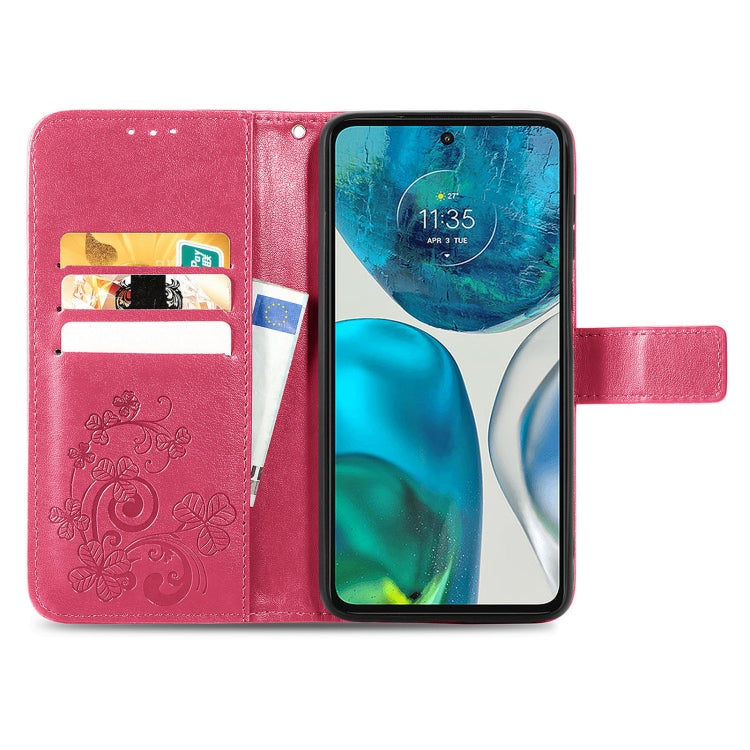 For Motorola Moto G52 Four-leaf Clasp Embossed Buckle Leather Phone Case(Rose Red)
