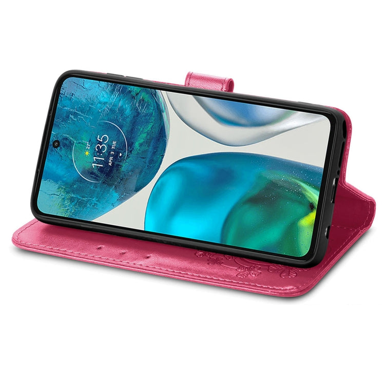 For Motorola Moto G52 Four-leaf Clasp Embossed Buckle Leather Phone Case(Rose Red)
