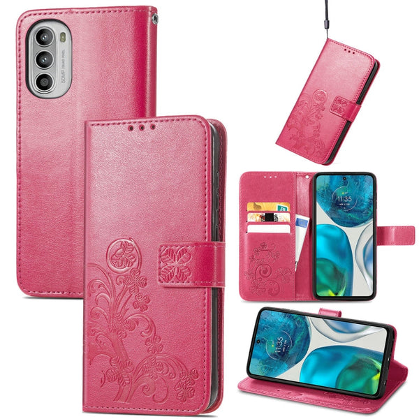 For Motorola Moto G52 Four-leaf Clasp Embossed Buckle Leather Phone Case(Rose Red)