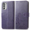 For Motorola Moto G52 Four-leaf Clasp Embossed Buckle Leather Phone Case(Purple)