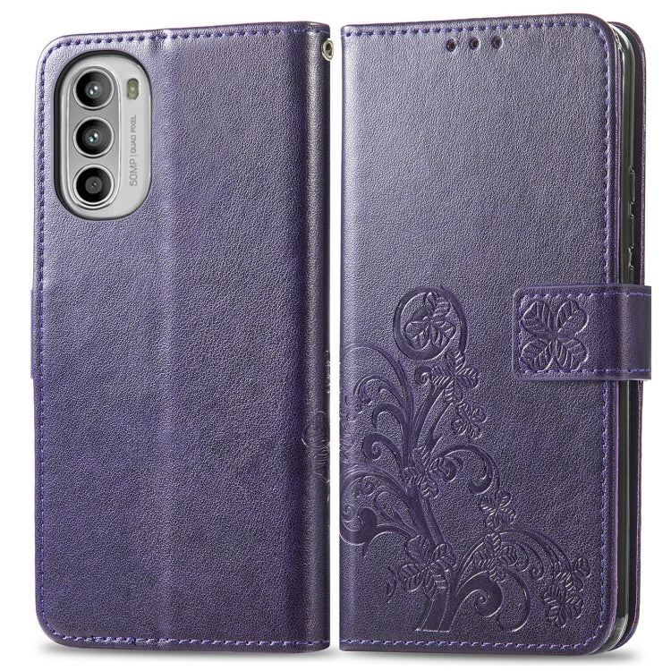 For Motorola Moto G52 Four-leaf Clasp Embossed Buckle Leather Phone Case(Purple)