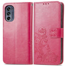 For Motorola Moto G62 Four-leaf Clasp Embossed Buckle Leather Phone Case(Rose Red)