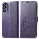 For Motorola Moto G62 Four-leaf Clasp Embossed Buckle Leather Phone Case(Purple)