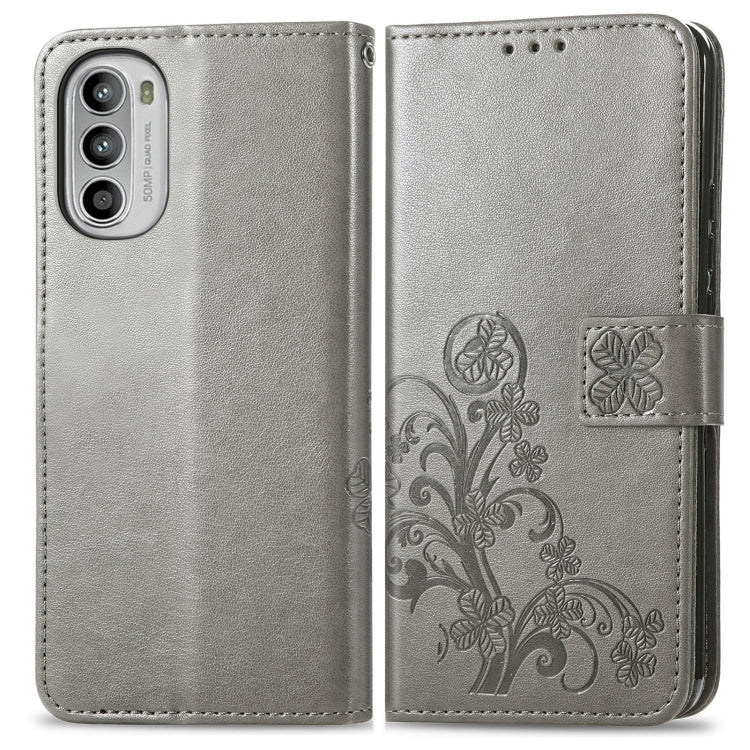 For Motorola Moto G42 Four-leaf Clasp Embossed Buckle Leather Phone Case(Gray)