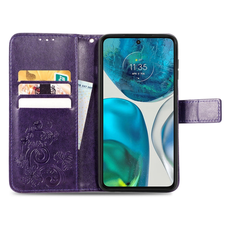 For Motorola Moto G42 Four-leaf Clasp Embossed Buckle Leather Phone Case(Purple)