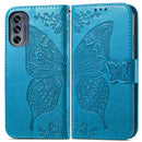 For Motorola Moto G62 Butterfly Love Flower Embossed Flip Leather Phone Case(Blue)