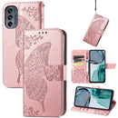 For Motorola Moto G62 Butterfly Love Flower Embossed Flip Leather Phone Case(Rose Gold)