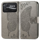For Xiaomi Poco C40 Butterfly Love Flower Embossed Flip Leather Phone Case(Gray)