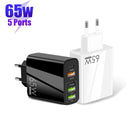 65W Dual PD Type-C + 3 x USB Multi Port Charger with 3A USB to Type-C Data Cable, EU Plug(Black)