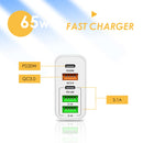 65W Dual PD Type-C + 3 x USB Multi Port Charger with 3A USB to Type-C Data Cable, EU Plug(Black)