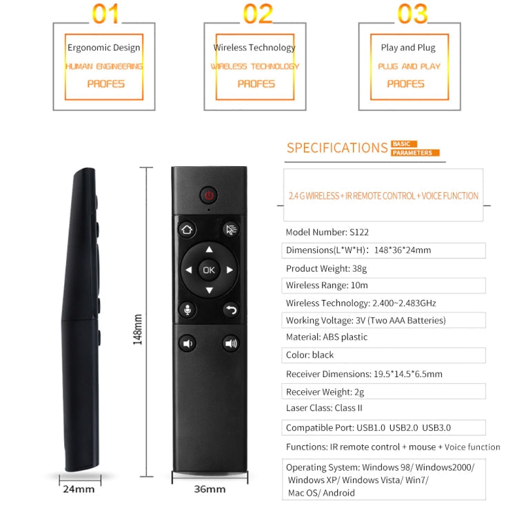 S122 Voice Control Fly Air Mouse 2.4GHz Wireless Microphone Remote Control for Android TV Box Mini PC