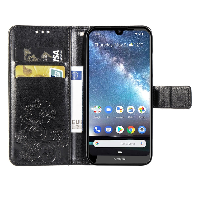 Four-leaf Clasp Embossed Buckle Mobile Phone Protection Leather Case with Lanyard & Card Slot & Wallet & Bracket Function for Nokia 2.2(Black)