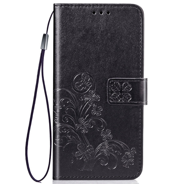 Four-leaf Clasp Embossed Buckle Mobile Phone Protection Leather Case with Lanyard & Card Slot & Wallet & Bracket Function for Nokia 2.2(Black)