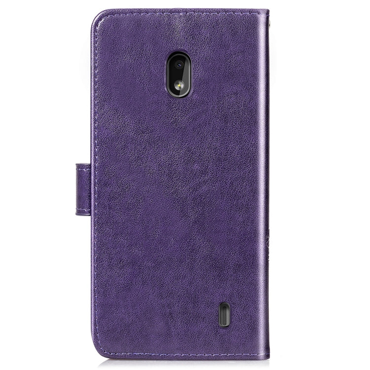 Four-leaf Clasp Embossed Buckle Mobile Phone Protection Leather Case with Lanyard & Card Slot & Wallet & Bracket Function for Nokia 2.2(Purple)