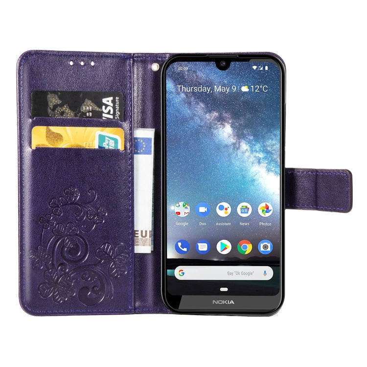 Four-leaf Clasp Embossed Buckle Mobile Phone Protection Leather Case with Lanyard & Card Slot & Wallet & Bracket Function for Nokia 2.2(Purple)