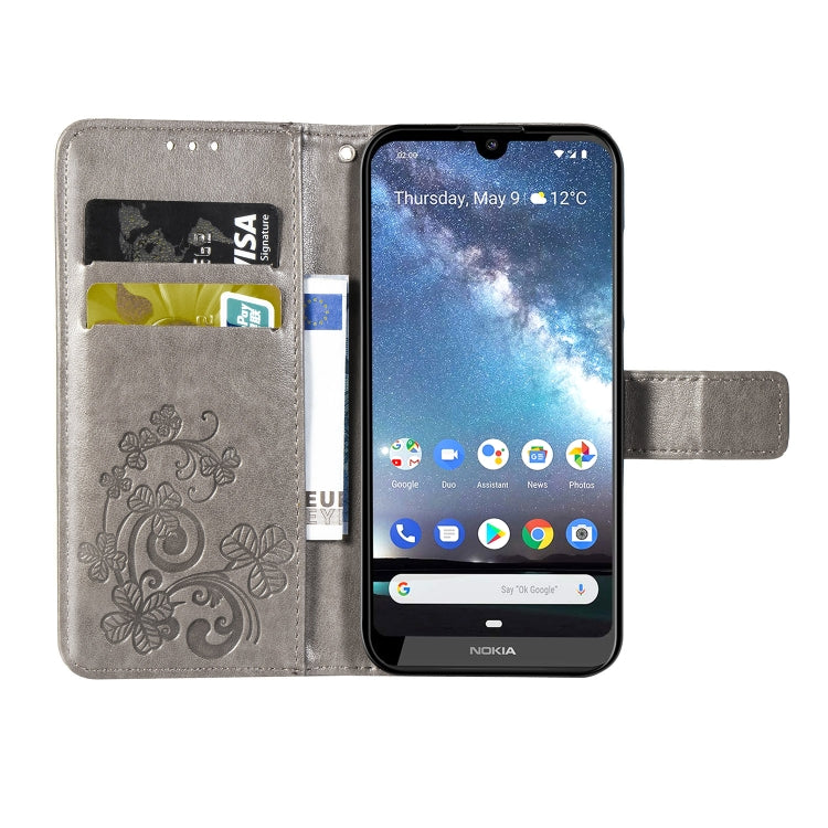 Four-leaf Clasp Embossed Buckle Mobile Phone Protection Leather Case with Lanyard & Card Slot & Wallet & Bracket Function for Nokia 2.2(Gray)
